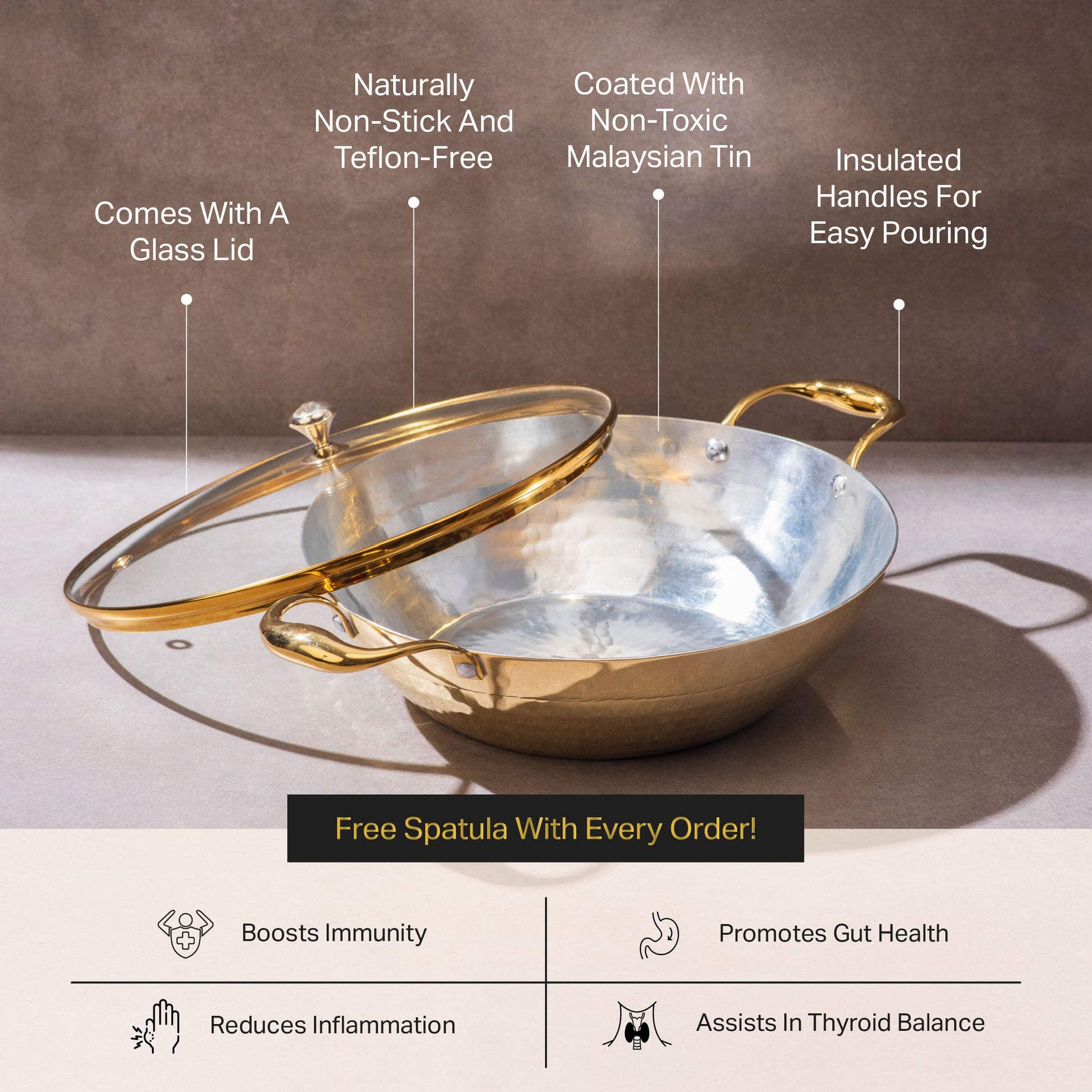 Set of 3 Brass Woks with Glass lids/Kadhai (Circular & Deep cooking/ serving Utensil) - 1L round, 3L round and 3L flat 6 Pieces Set