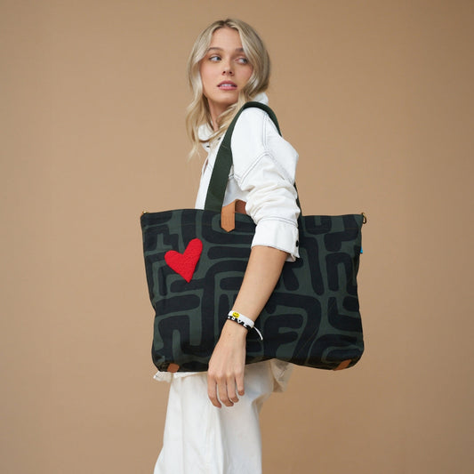 Carryall Bag - Safari Kuba with Red Beaded Heart