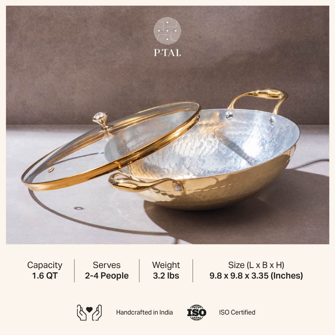 Set of 3 Brass Woks with Glass lids/Kadhai (Circular & Deep cooking/ serving Utensil) - 1L round, 3L round and 3L flat 6 Pieces Set