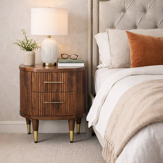 Solid Wood Ribbed Bedside with Brass Handles 2 Drawers Brown