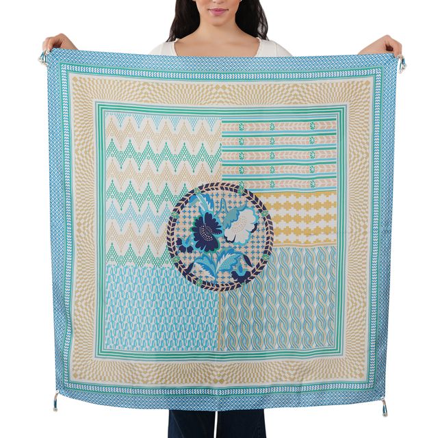 Patterned Poppy Silk Scarf - Aqua