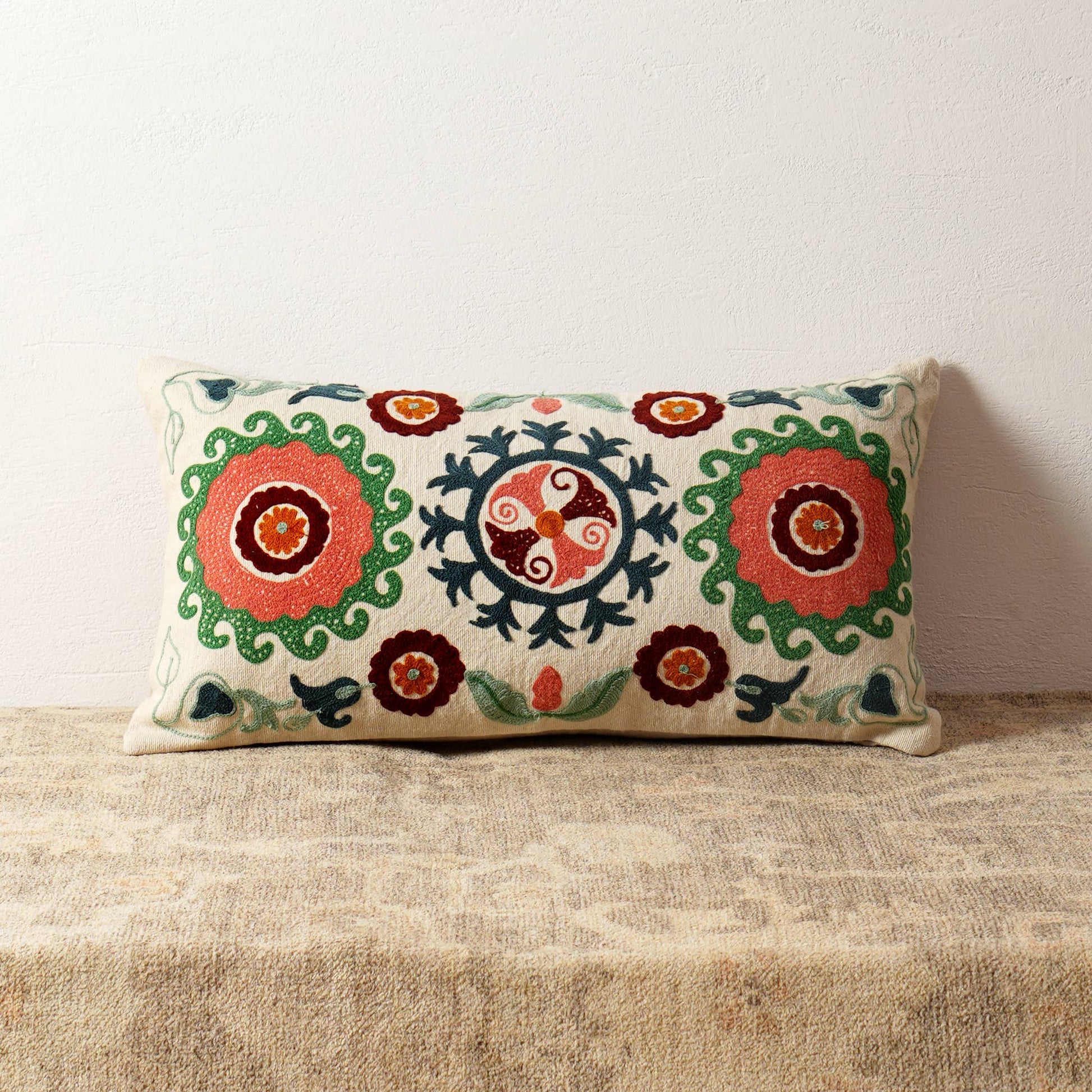 Suzani Embroidered Multicolor Lumbar Throw Pillow - 26" X 14"