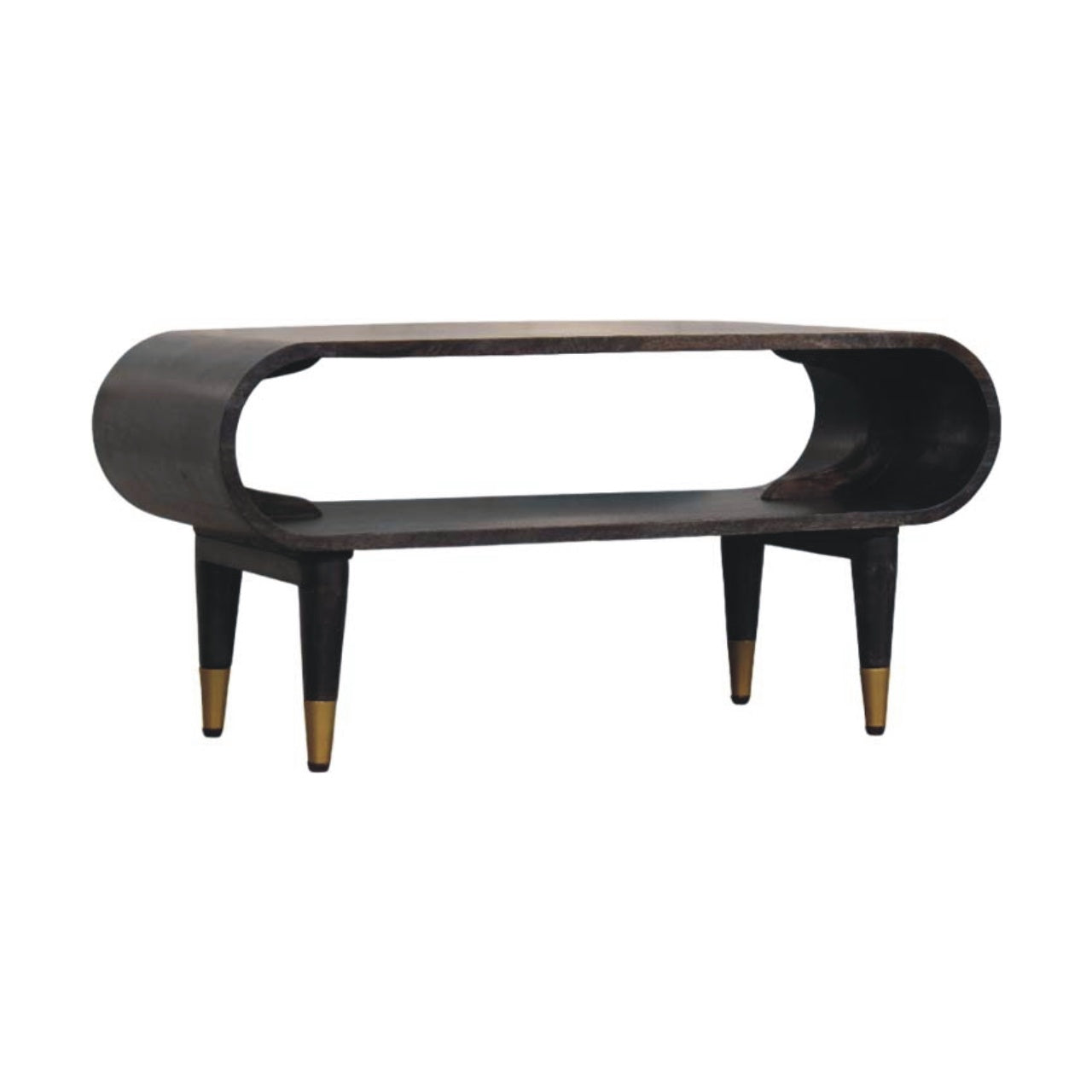 Solid Wood Velvet Mocha Curved Edge Console with Brass Accents