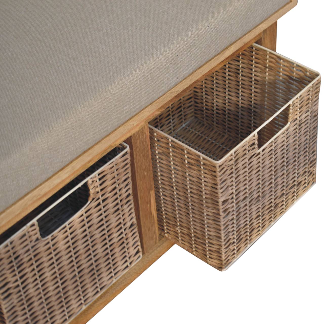 Solid Wood Rattan Basket Linen Upholstered Bench