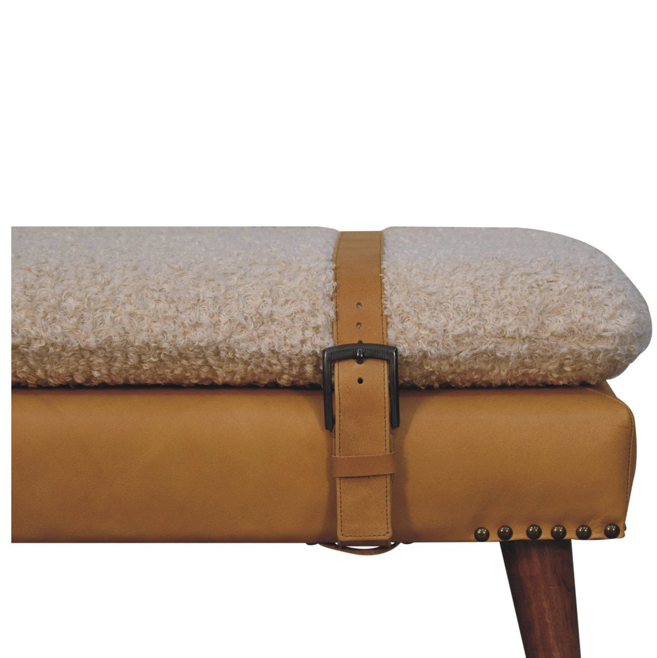 Solid Wood Boucle Tan Leather Bench