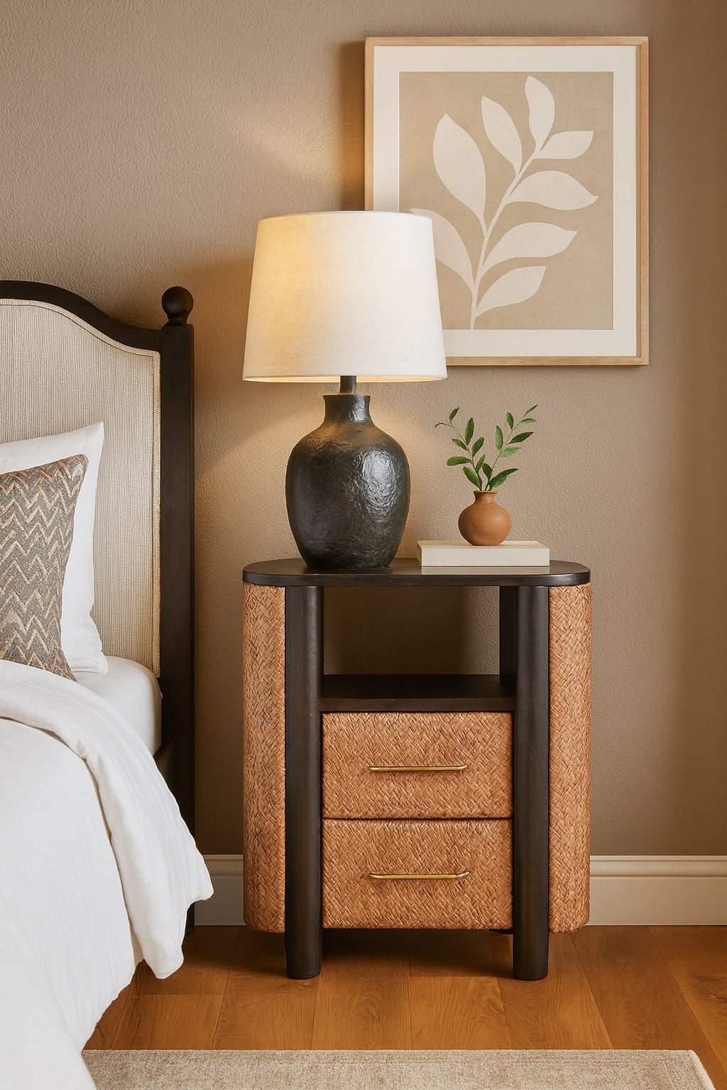 Solid Wood Rattan Curve Edge Nightstand