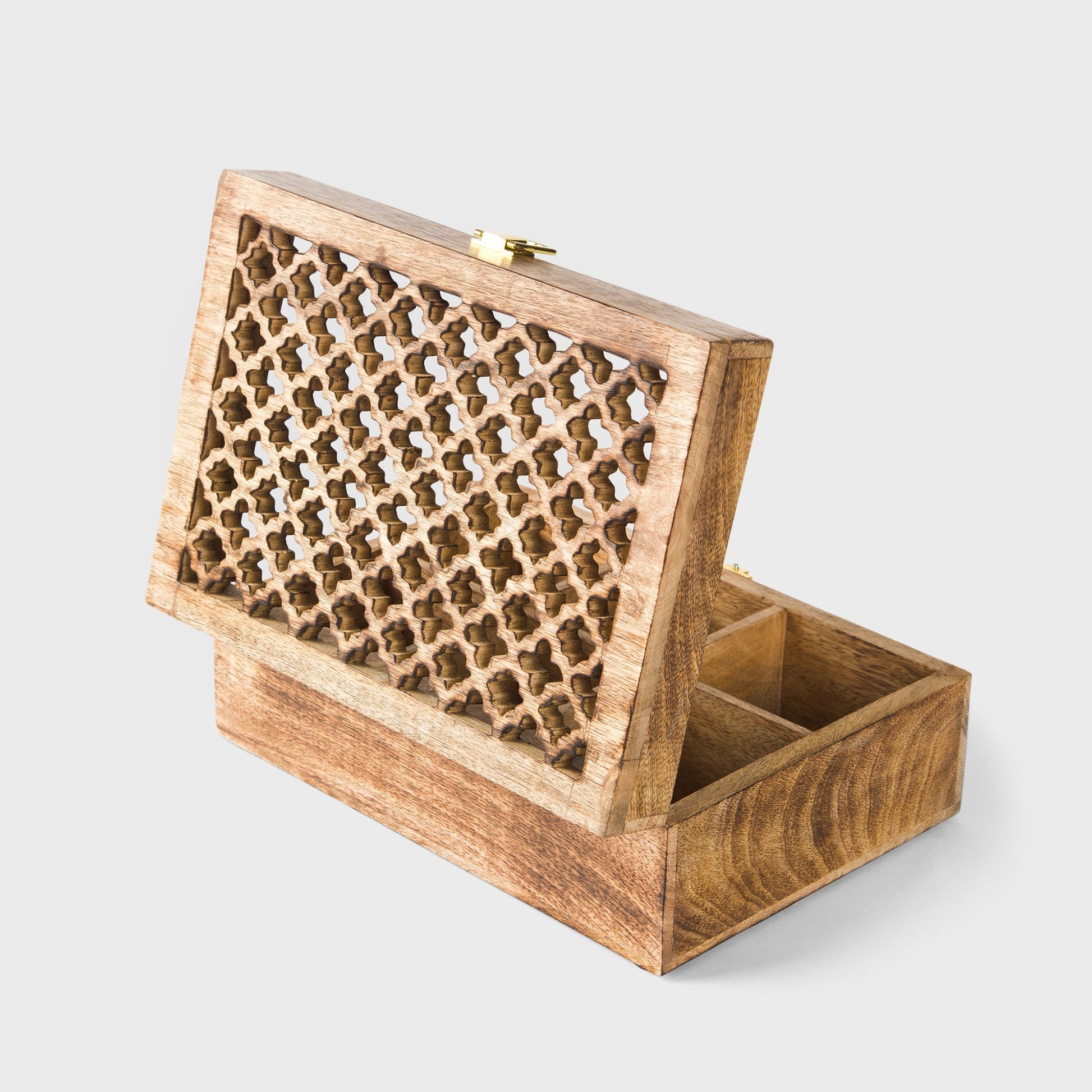 Mango Wood Trellis Keepsake Box with Compartments, Medium Burnt