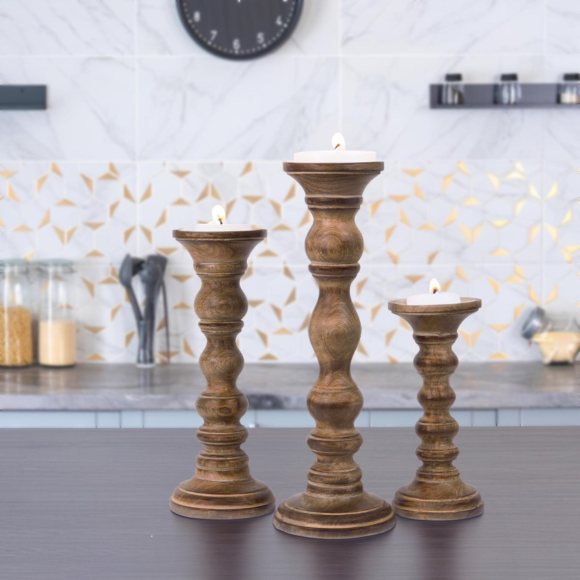 Willow Deep Brown Pillar Large Candleholder Set
