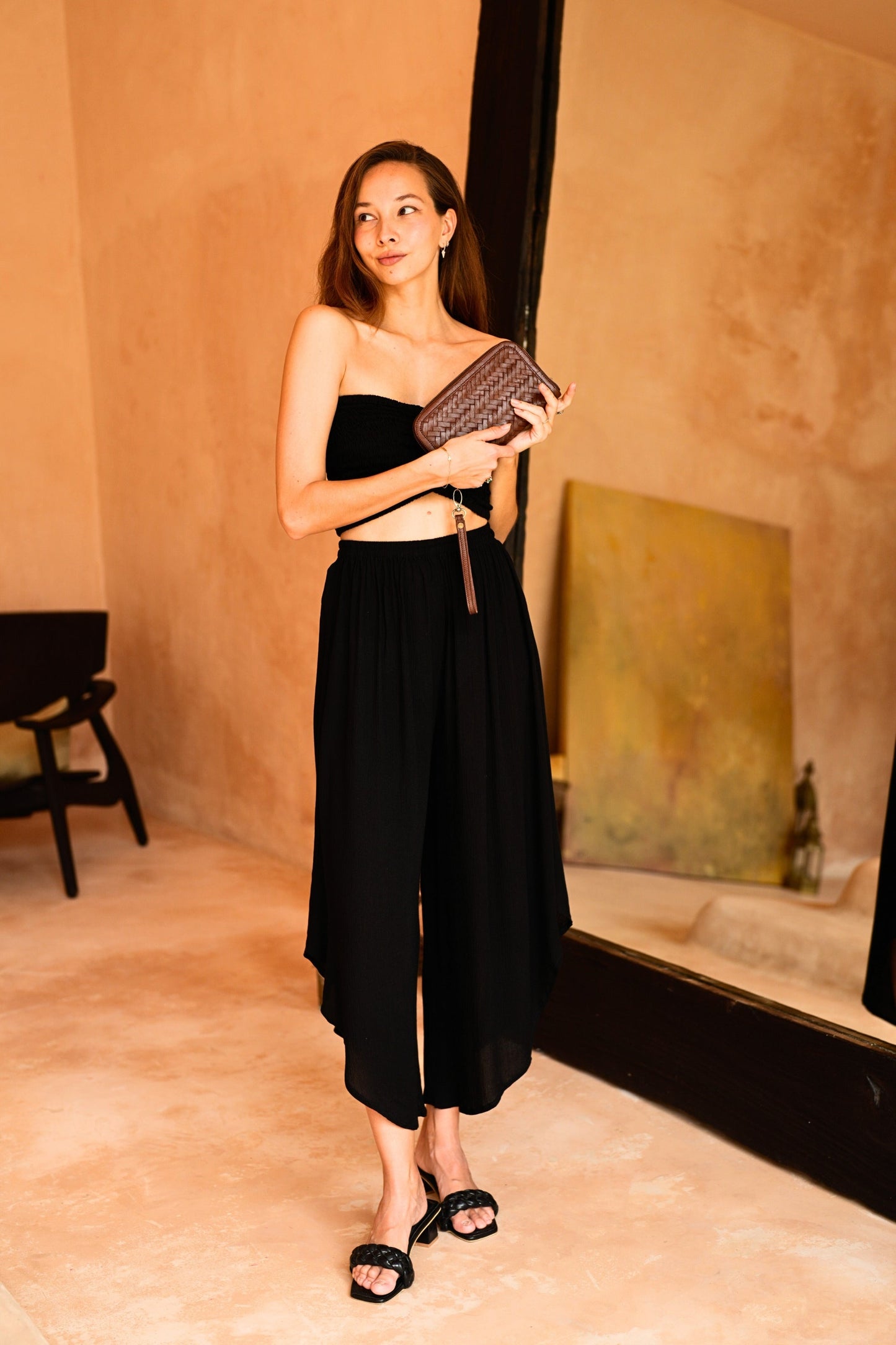Winona Smocked Tube Top & Asymmetrical Pants Set in Black