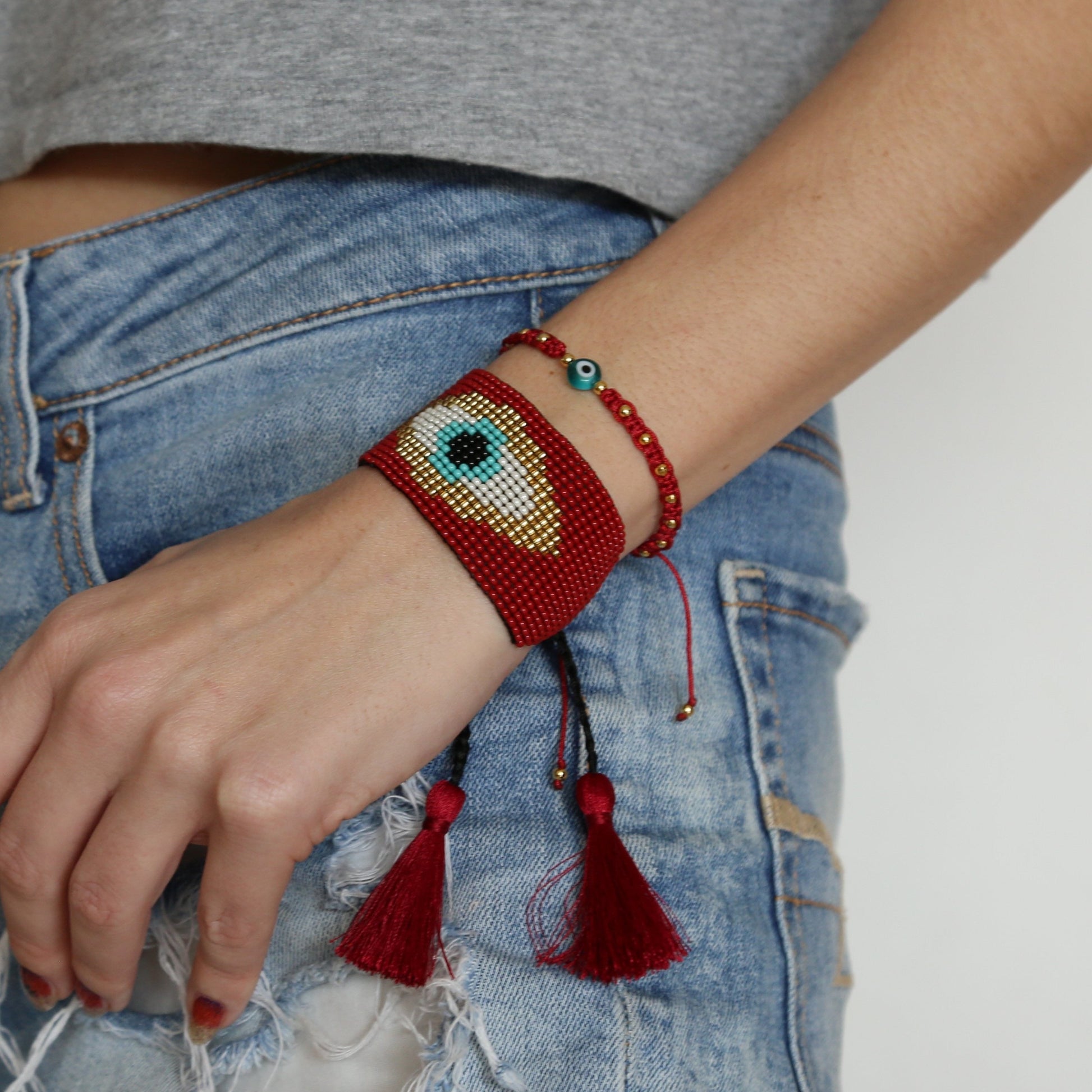 Evil Eye Tassel Bracelet Set Red