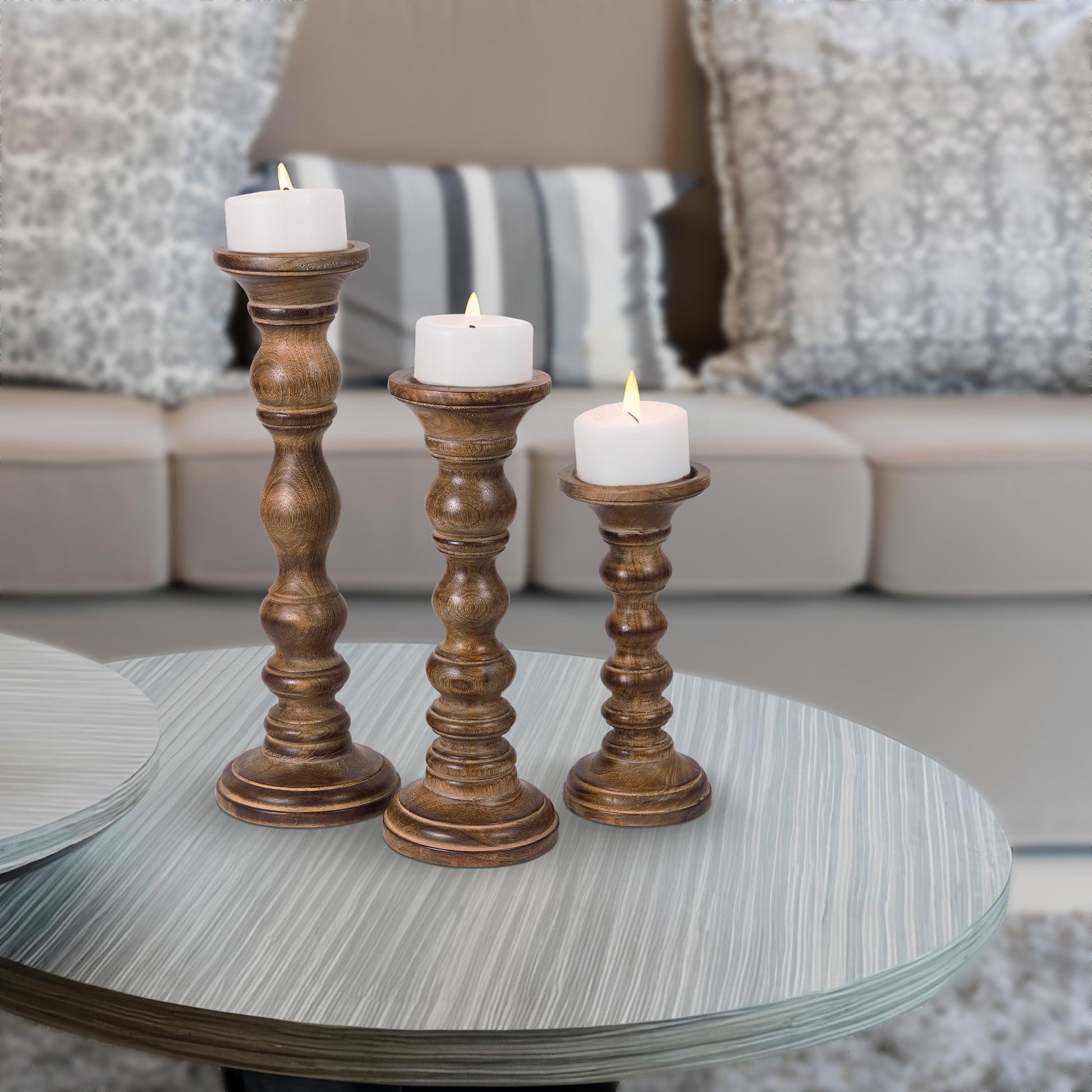 Willow Deep Brown Pillar Large Candleholder Set