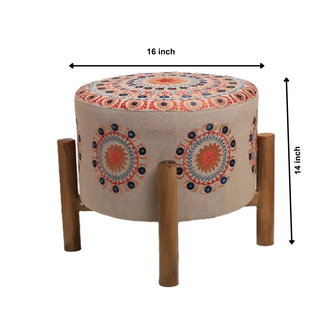 Mandala Design Embroidered Stool | 16x14" | Beige | Cotton