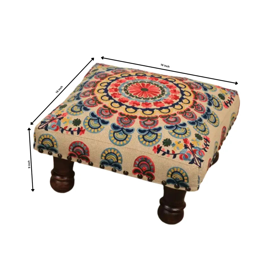 Mystic Mandala Foot Stool | Beige Cotton Fabric | 16 x 9"