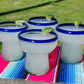 Set of 4 Hand Blown Stemless Blue Rim Margarita Glasses
