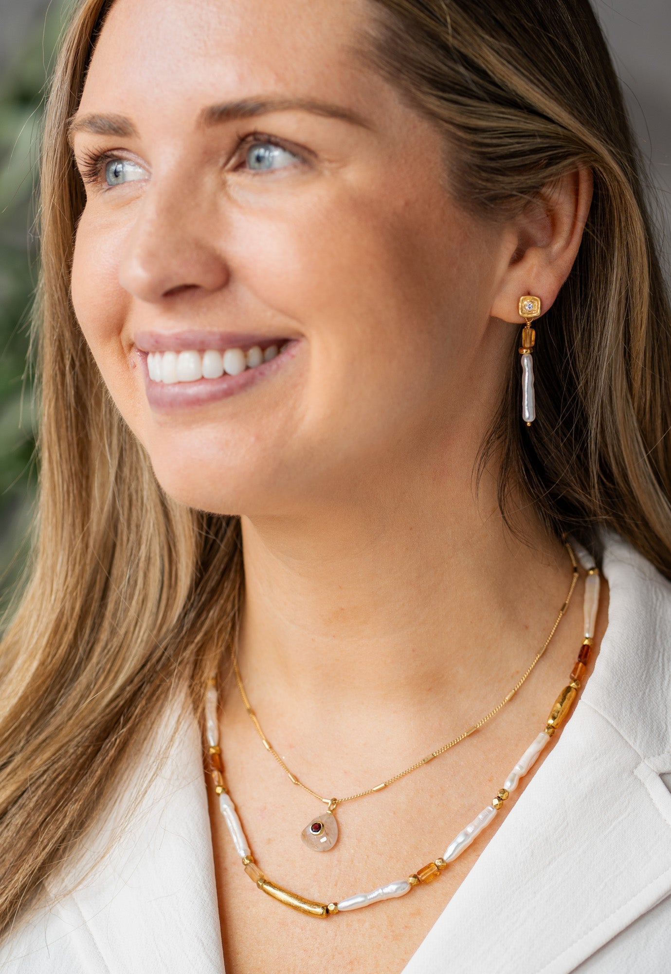 Biwa Pearl and Garnet Necklace