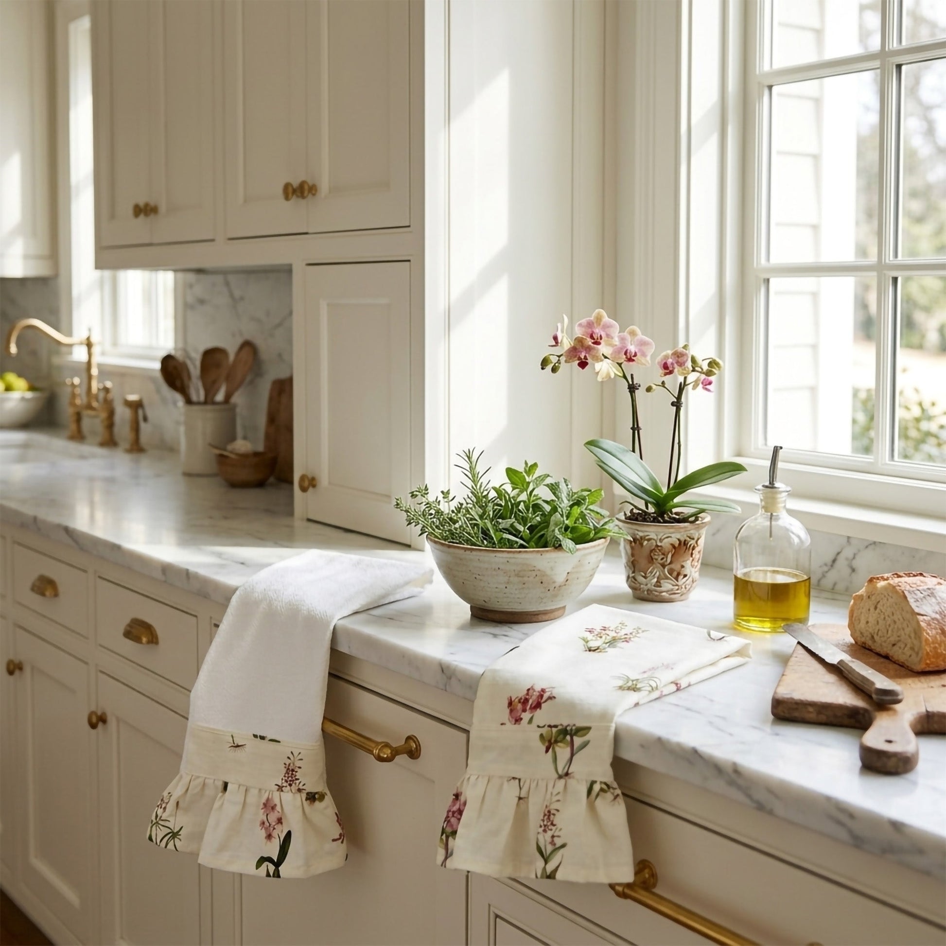 Botanical Orchid Ruffled Kitchen Towels (Set of 2)