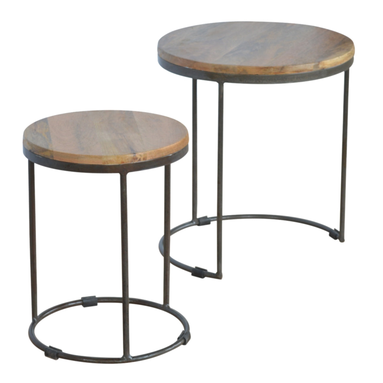 S/2 Solid Wood Round Stool with Iron Base
