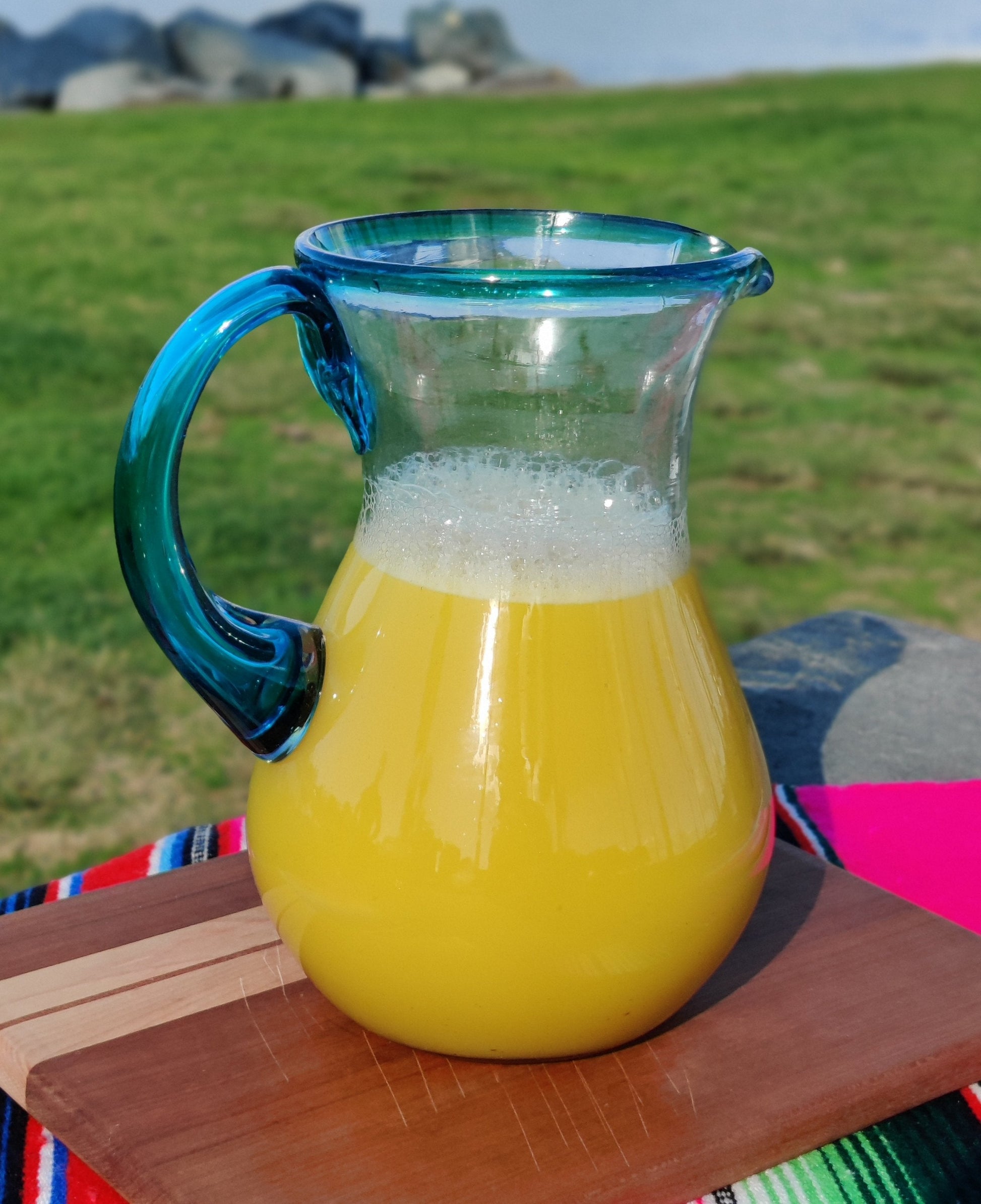 Hand Blown Glass Pitcher – Aqua Rim and Handle