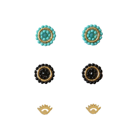 Beaded Stud Pack Black + Turquoise