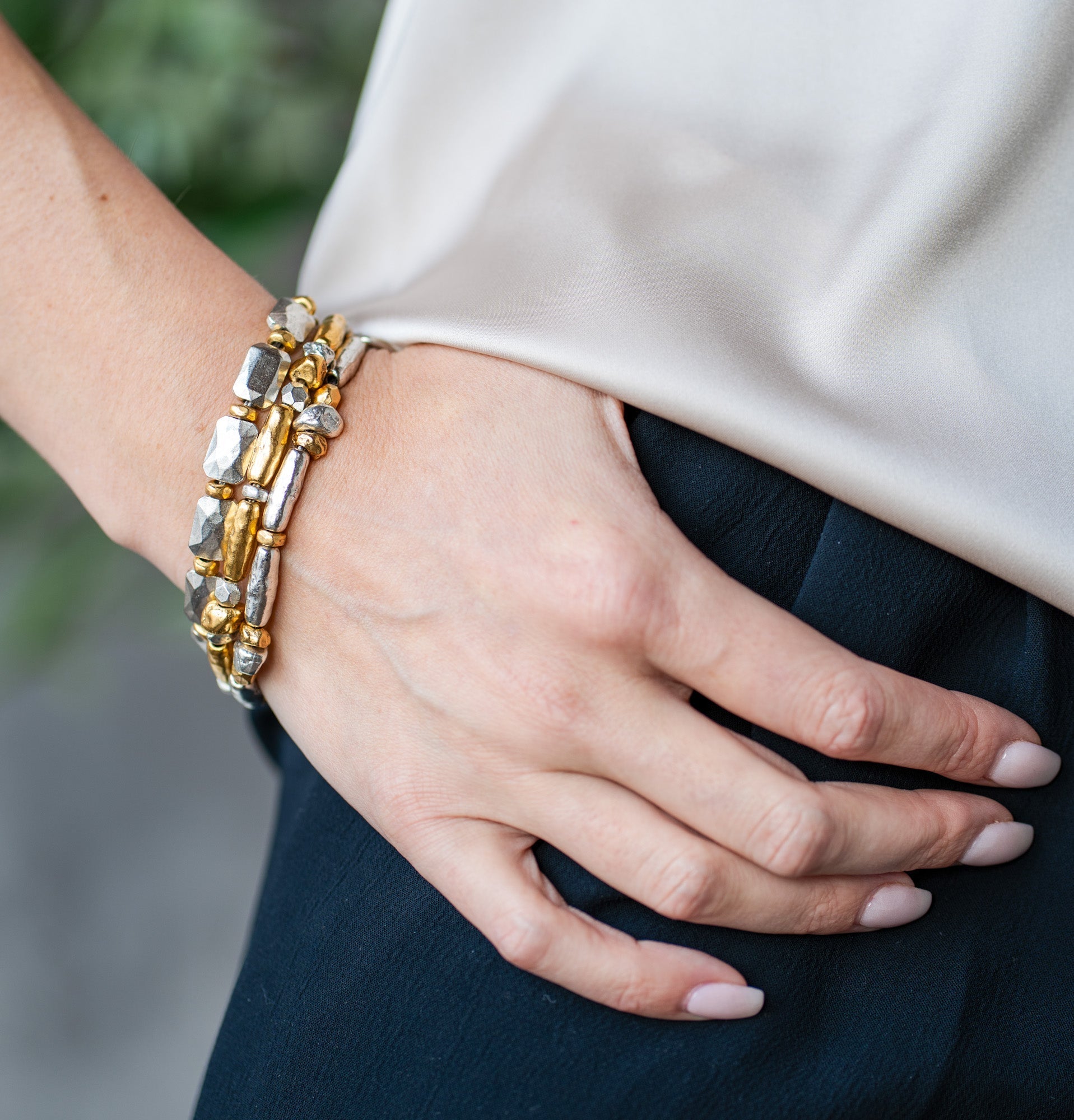 Mixed Metal Rectangle Bead Bracelet