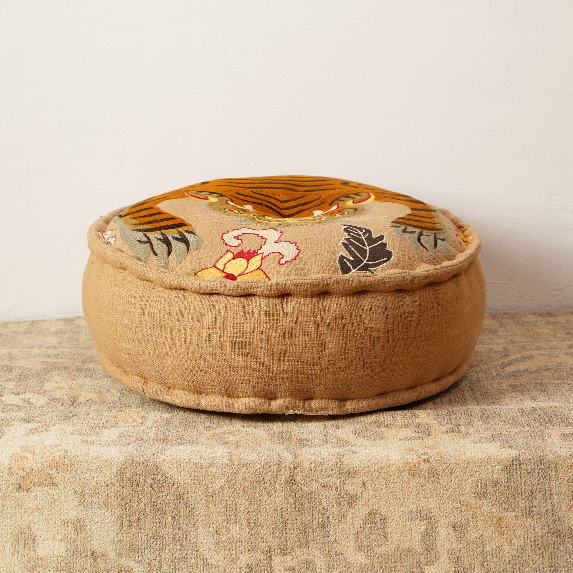Floor Pouf with Tiger Print Embroidery