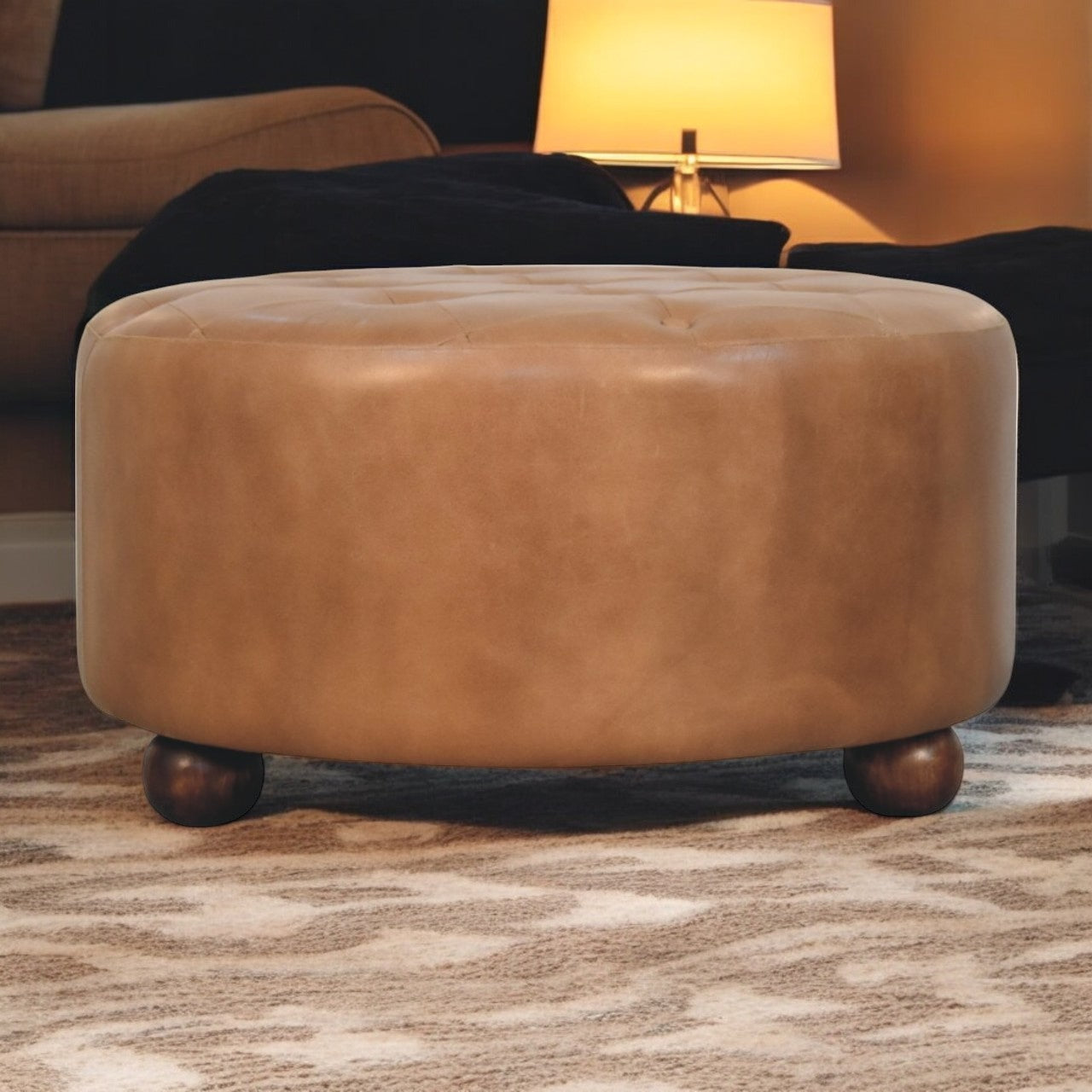 Brown Buffalo Hide Leather Upholstered Round Ottoman