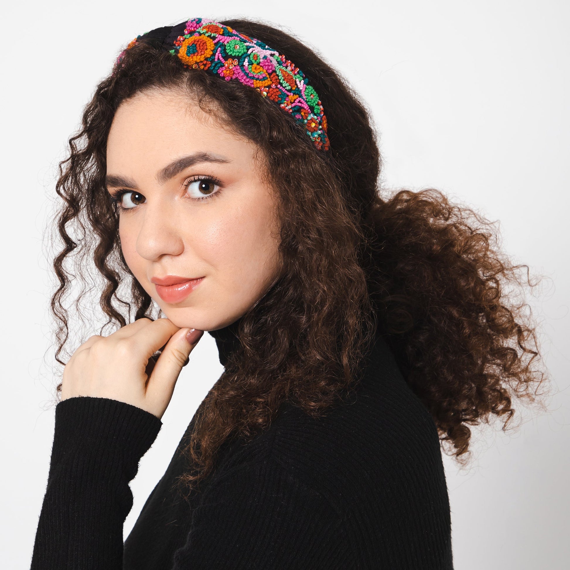 Floral Embroidered Headband - Black