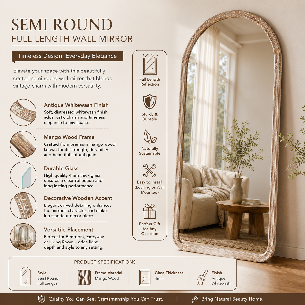 Arched Full Length Wall Mirror with Mango Wood Frame, 36x72"