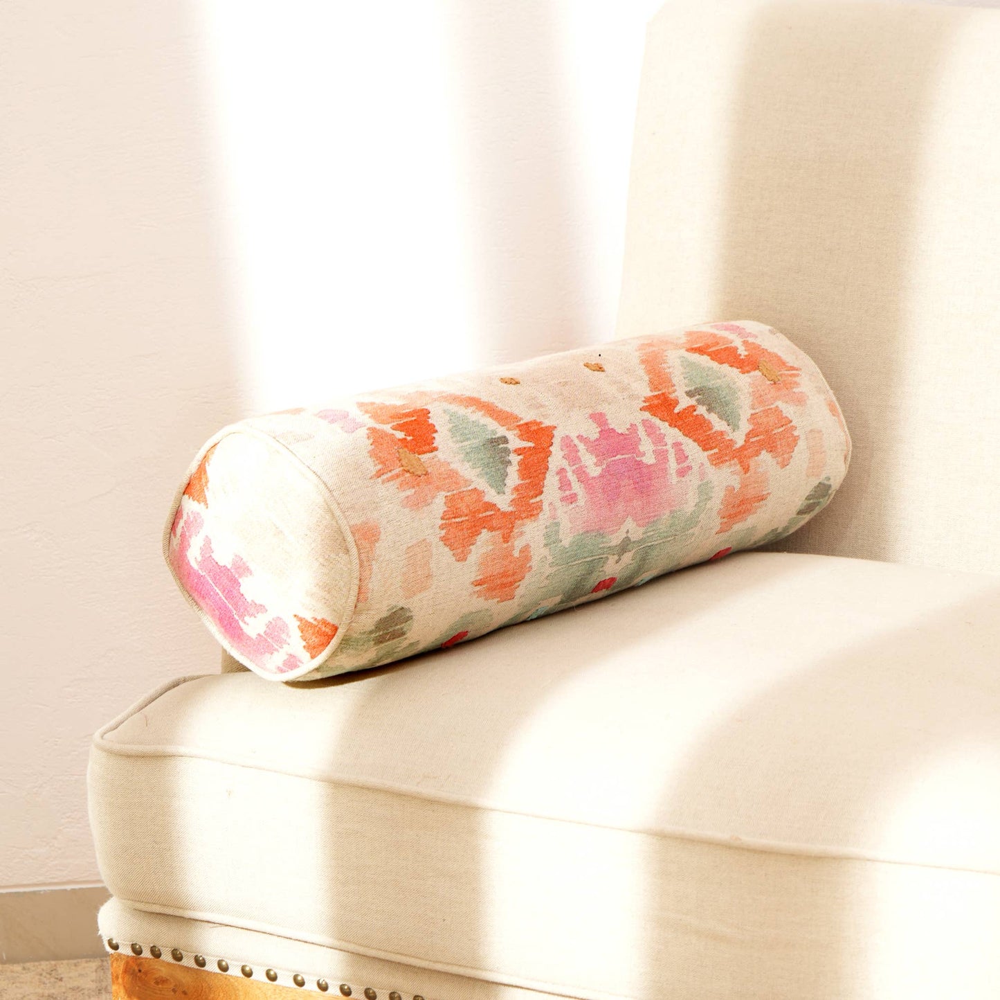 Decorative Cotton Printed & Embroidered Bolster Pillow - 27" X 7"