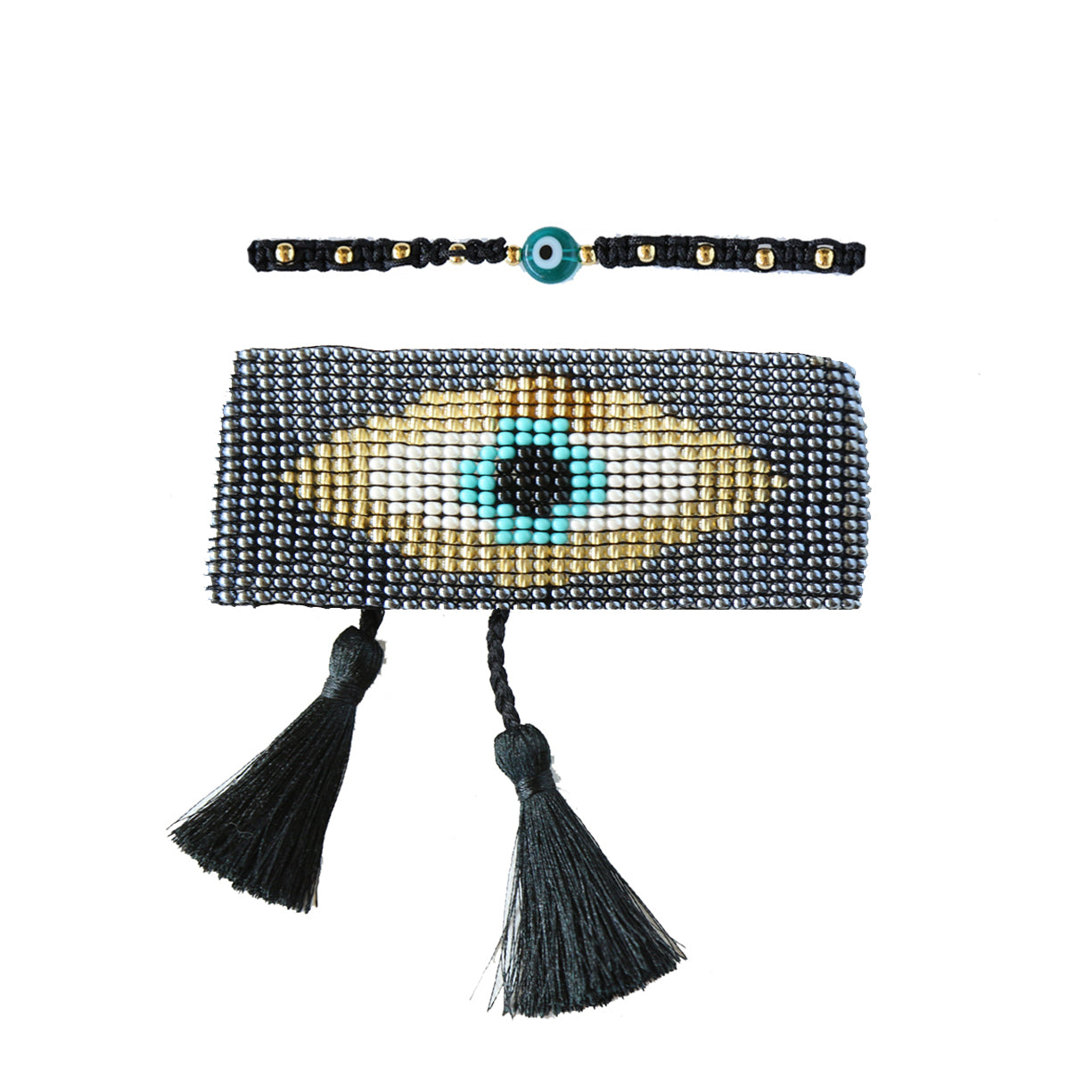Evil Eye Tassel Bracelet Set Gray