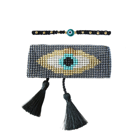 Evil Eye Tassel Bracelet Set Gray