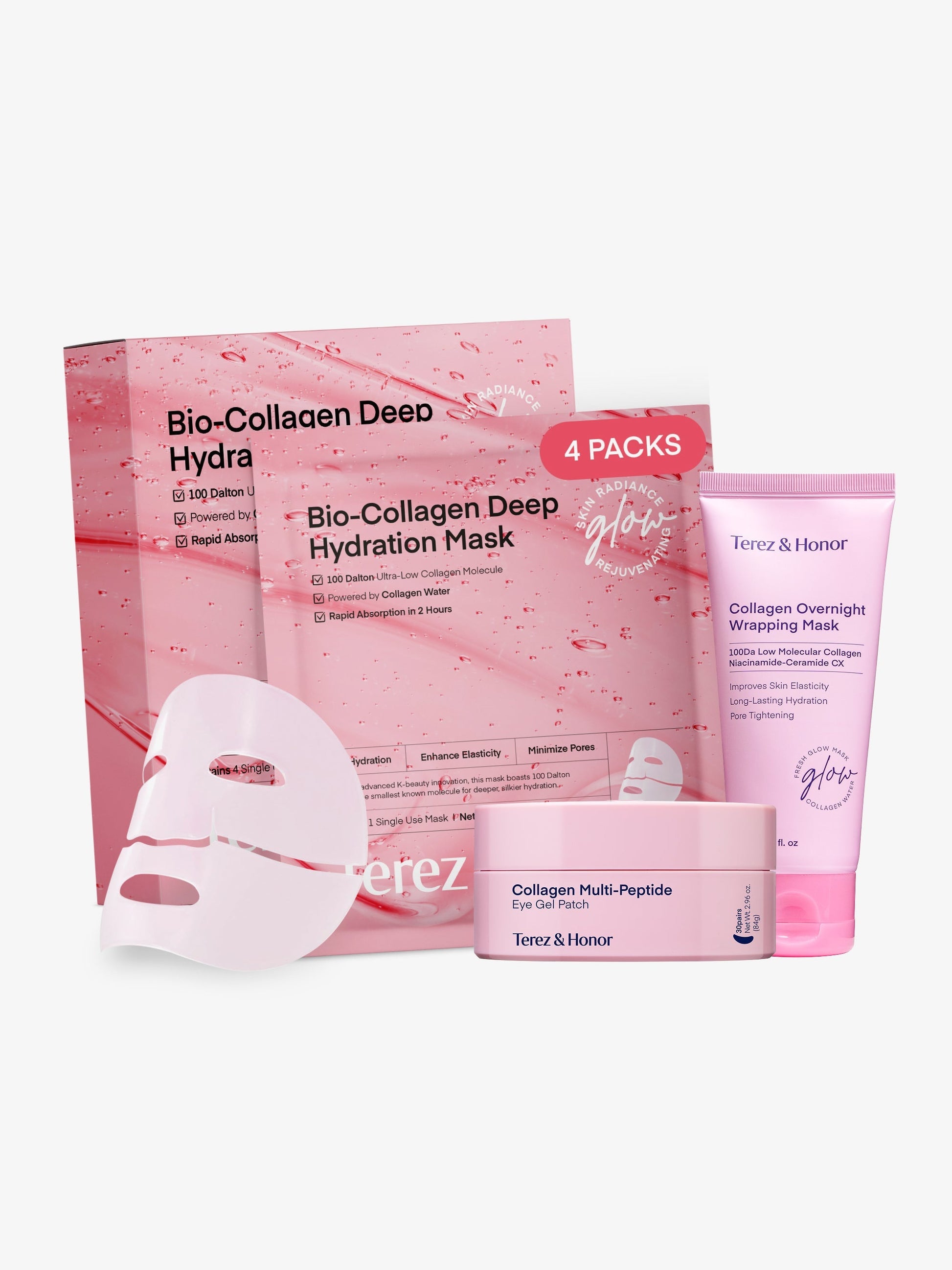 Terez & Honor Korean Collagen Mask Set - 3-Piece Bundle with 4ea Bio-Collagen Face Masks, 100 ml Night Wrapping Peel-Off Mask & 60 pcs Eye Patches for Deep Hydrating, Firming & Glass Like Glow