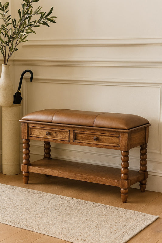 Solid Wood Leather Spindle Bench