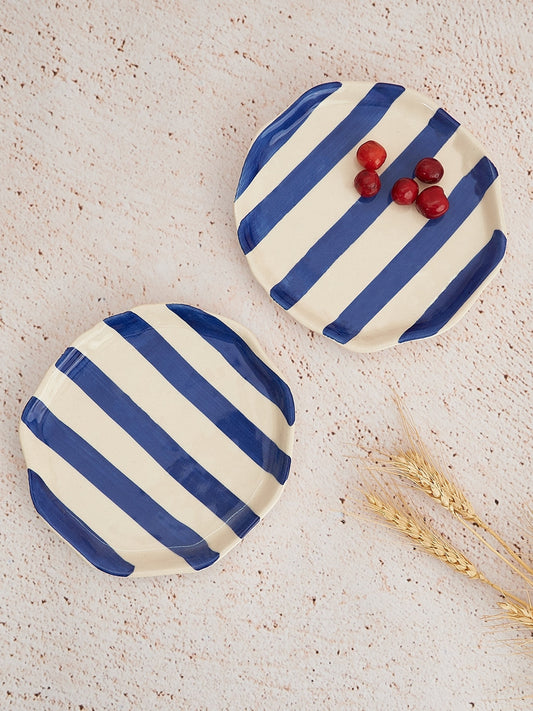 Ceramic Blue stripe plate, 6.3x6.3 Inches (Set of 4 )