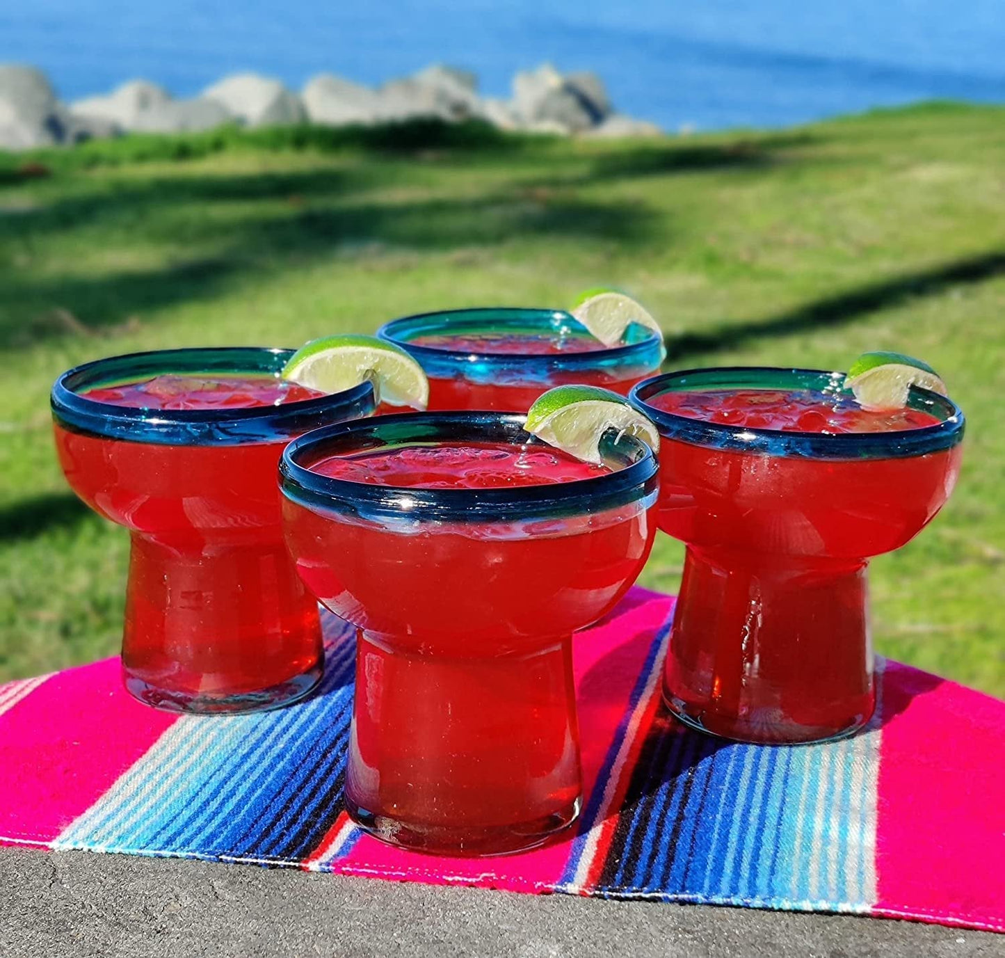 S/4 Stemless Aqua Rim Margarita Glasses