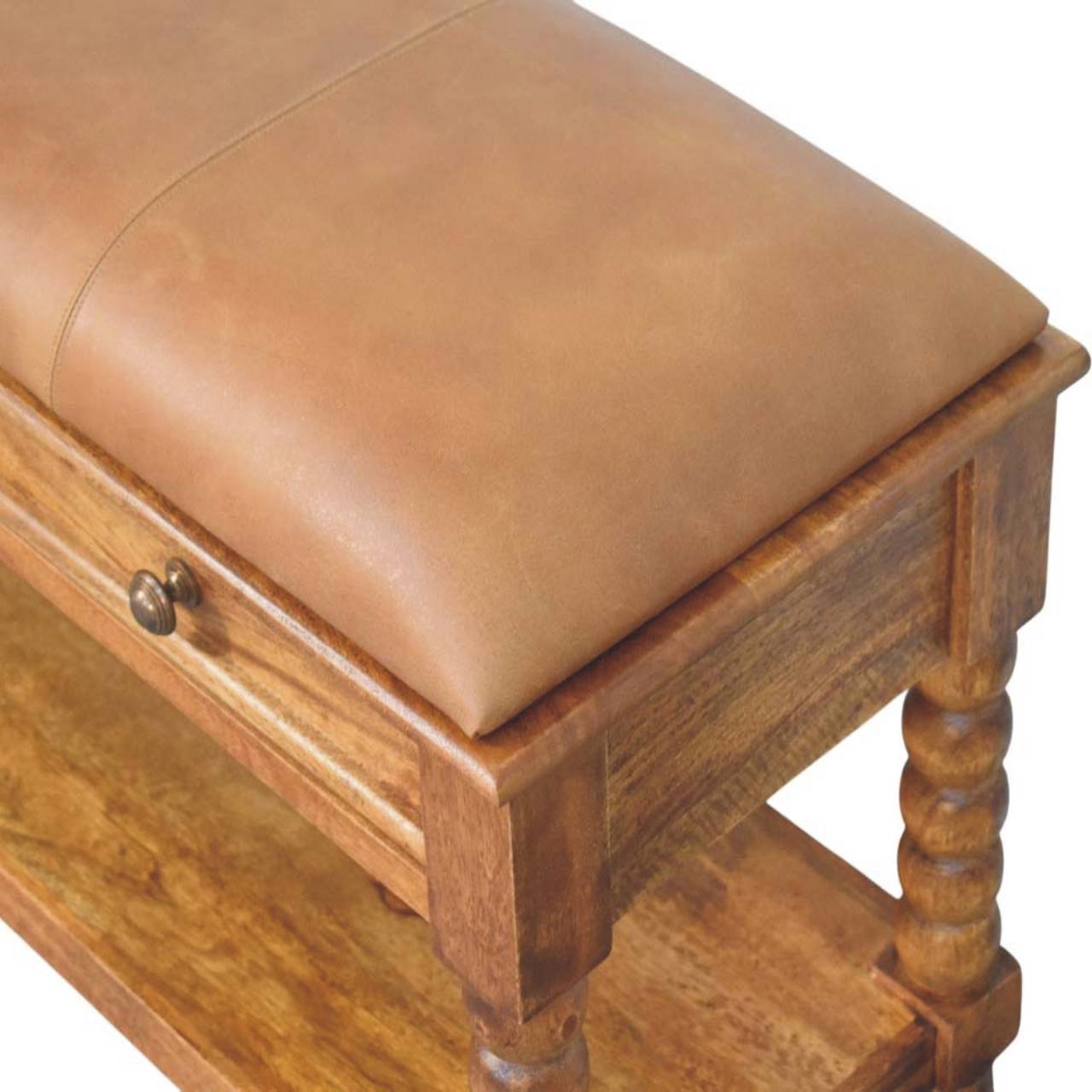 Solid Wood Leather Spindle Bench