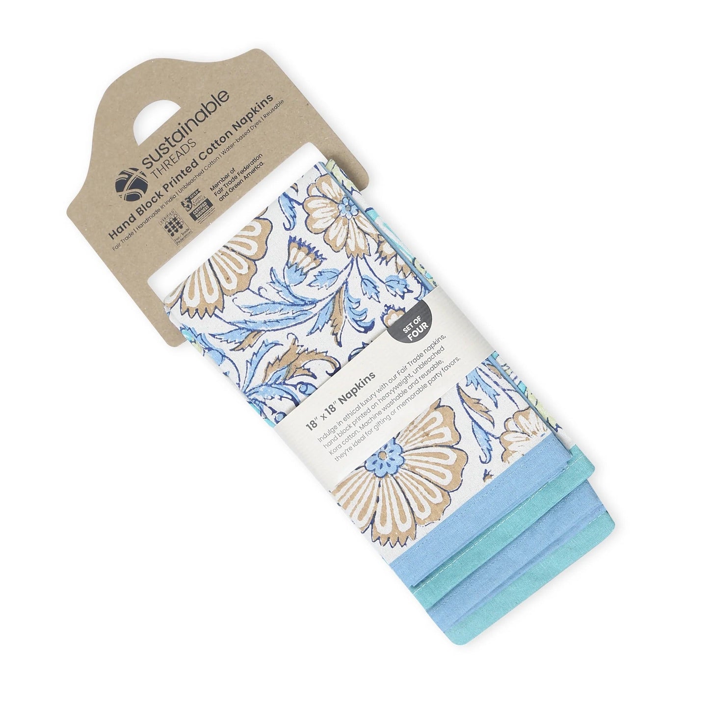 STREAMLINE 18"x18" Hand Block Printed Napkins - Set of 4. Cotton - Fair Trade - Artisan Made
