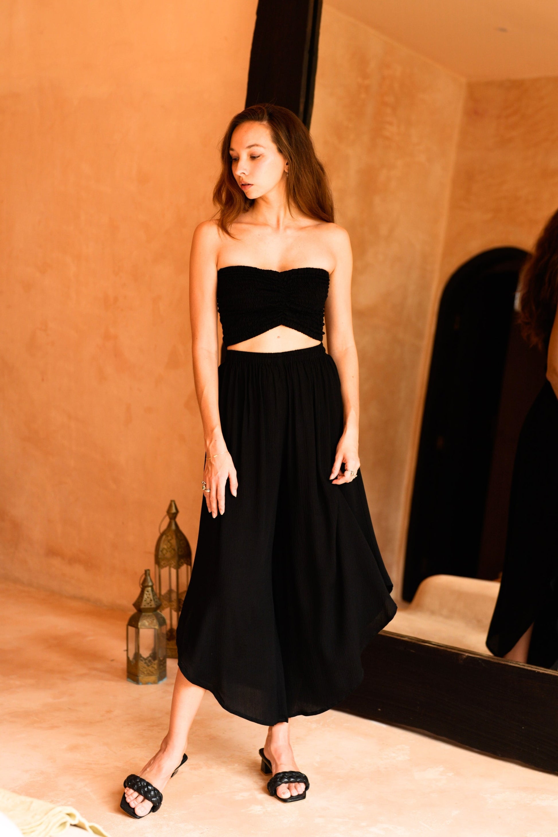 Winona Smocked Tube Top & Asymmetrical Pants Set in Black