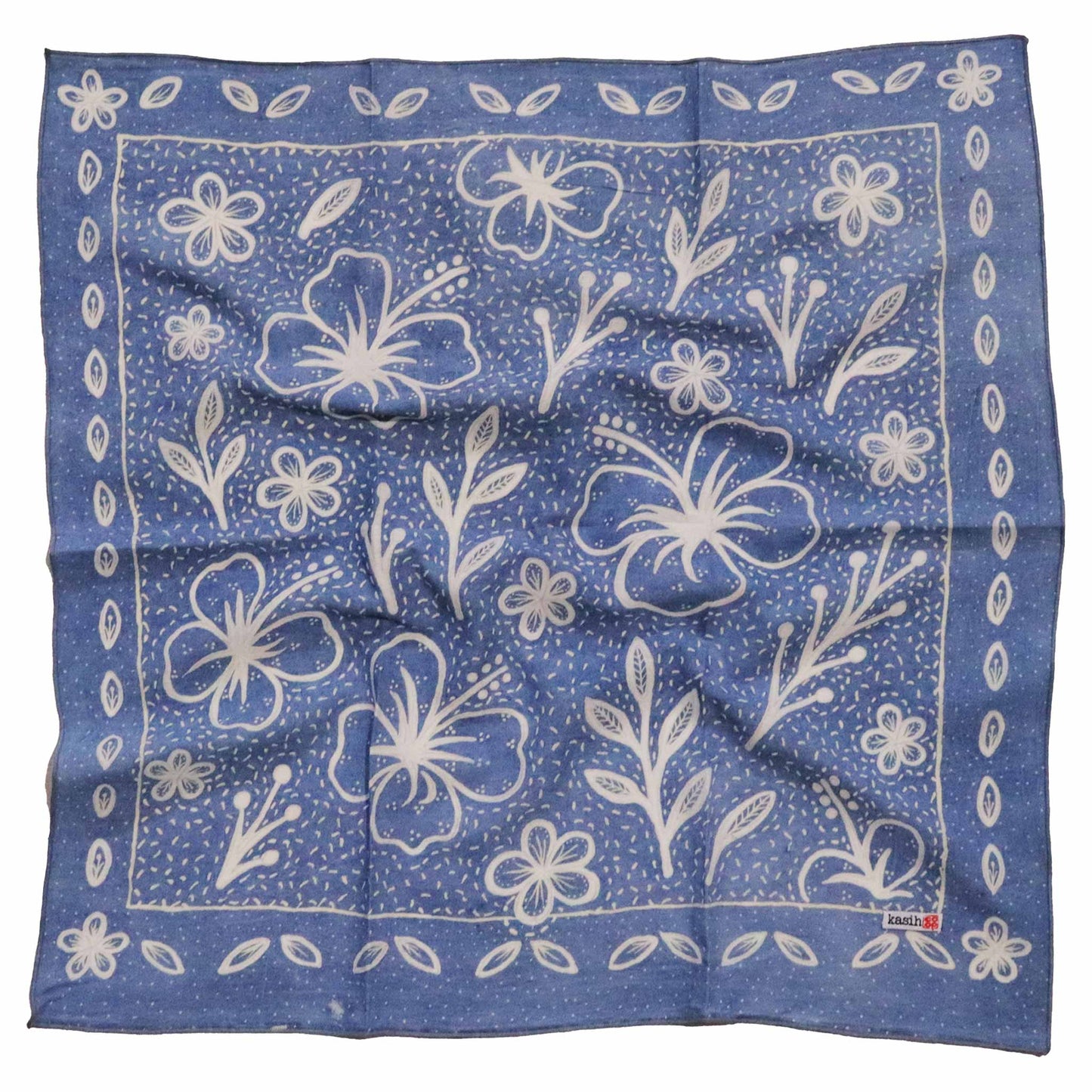 Fully Hand Drawn Painted, Indigo Natural Dye Batik Bandana, Hibiscus Indigo, Blue, Batik Tulis