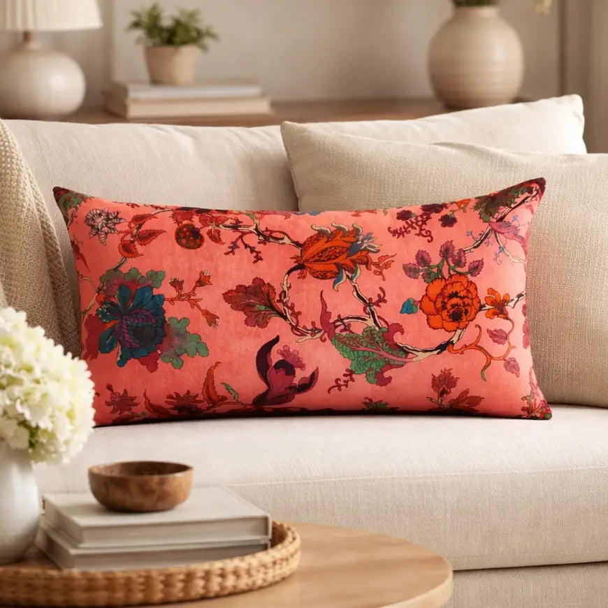 Velvet Eden Floral Pillow | 24x14" | Cotton Fabric