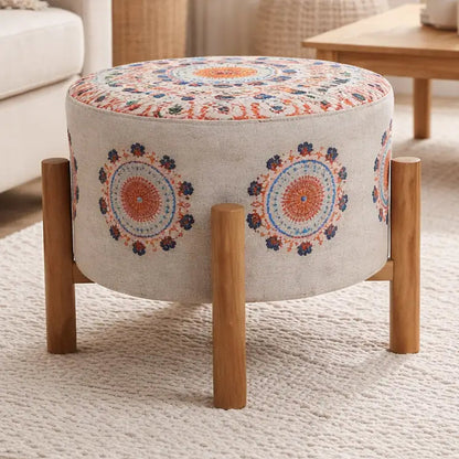 Mandala Design Embroidered Stool | 16x14" | Beige | Cotton