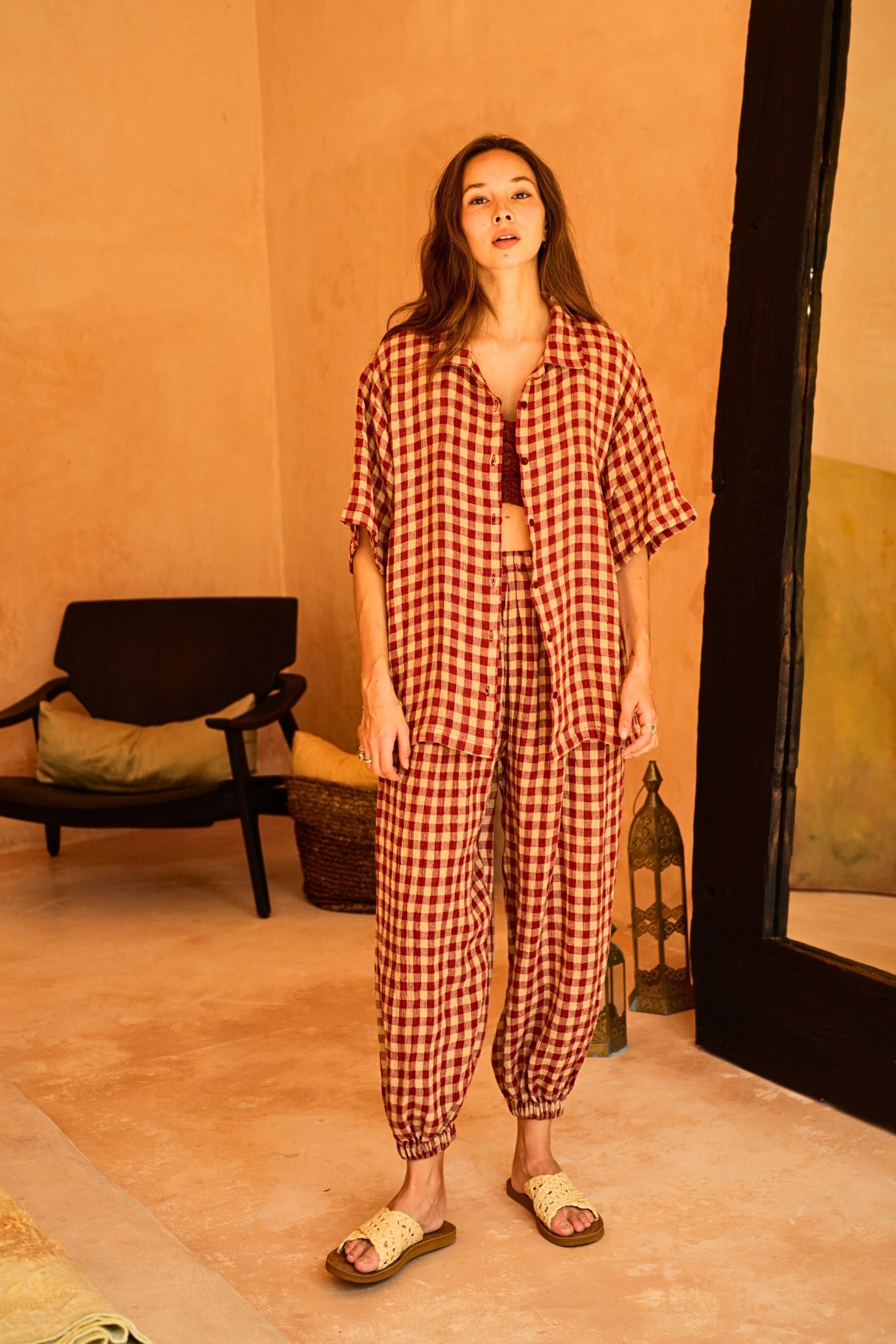 Vanessa Linen Gingham Balloon Pants in Red