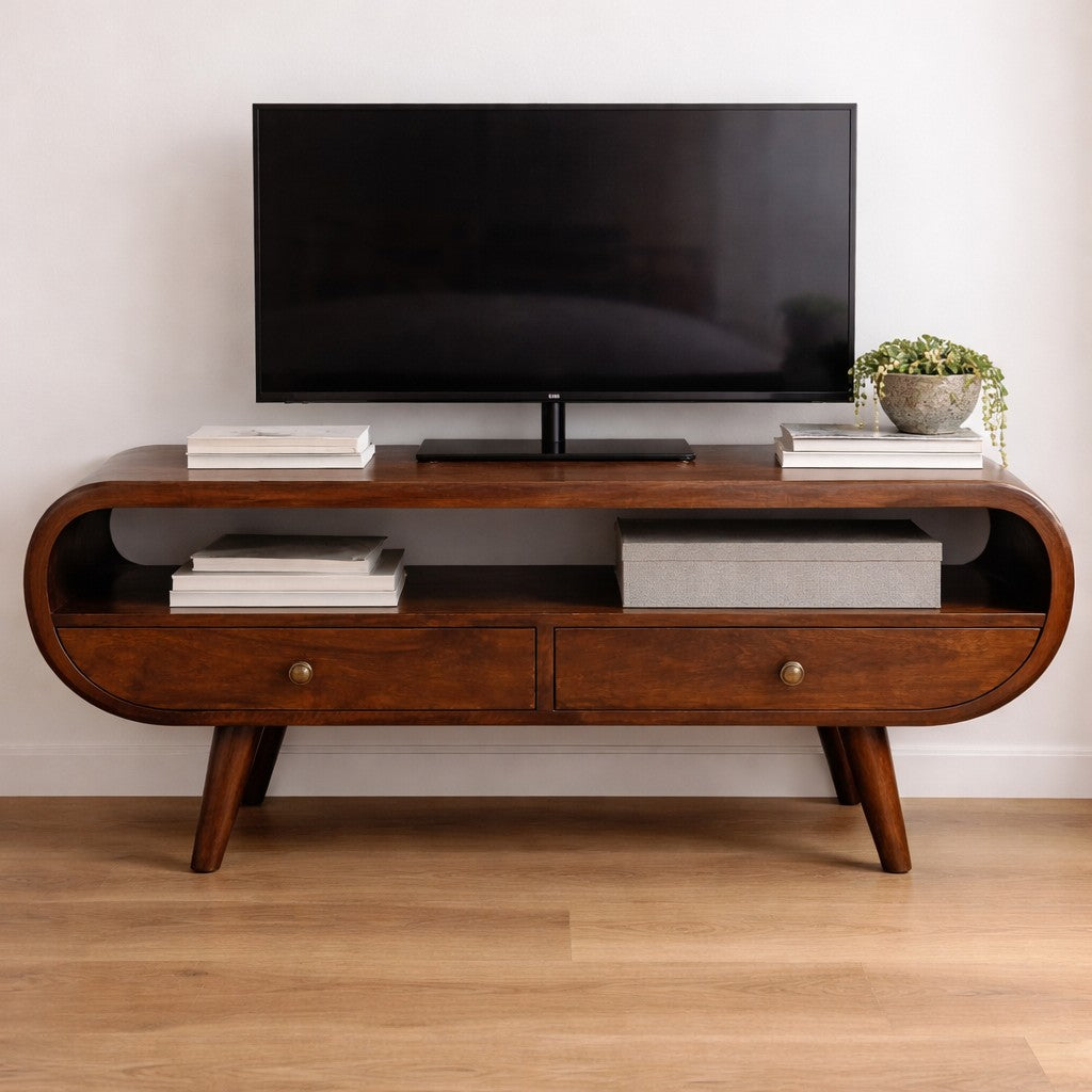 Solid Wood Walnut Curved Two Drawer Media Unit