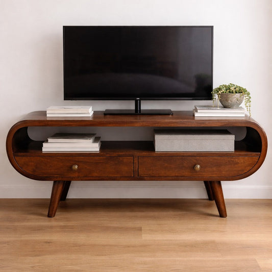 Solid Wood Walnut Curved Two Drawer Media Unit