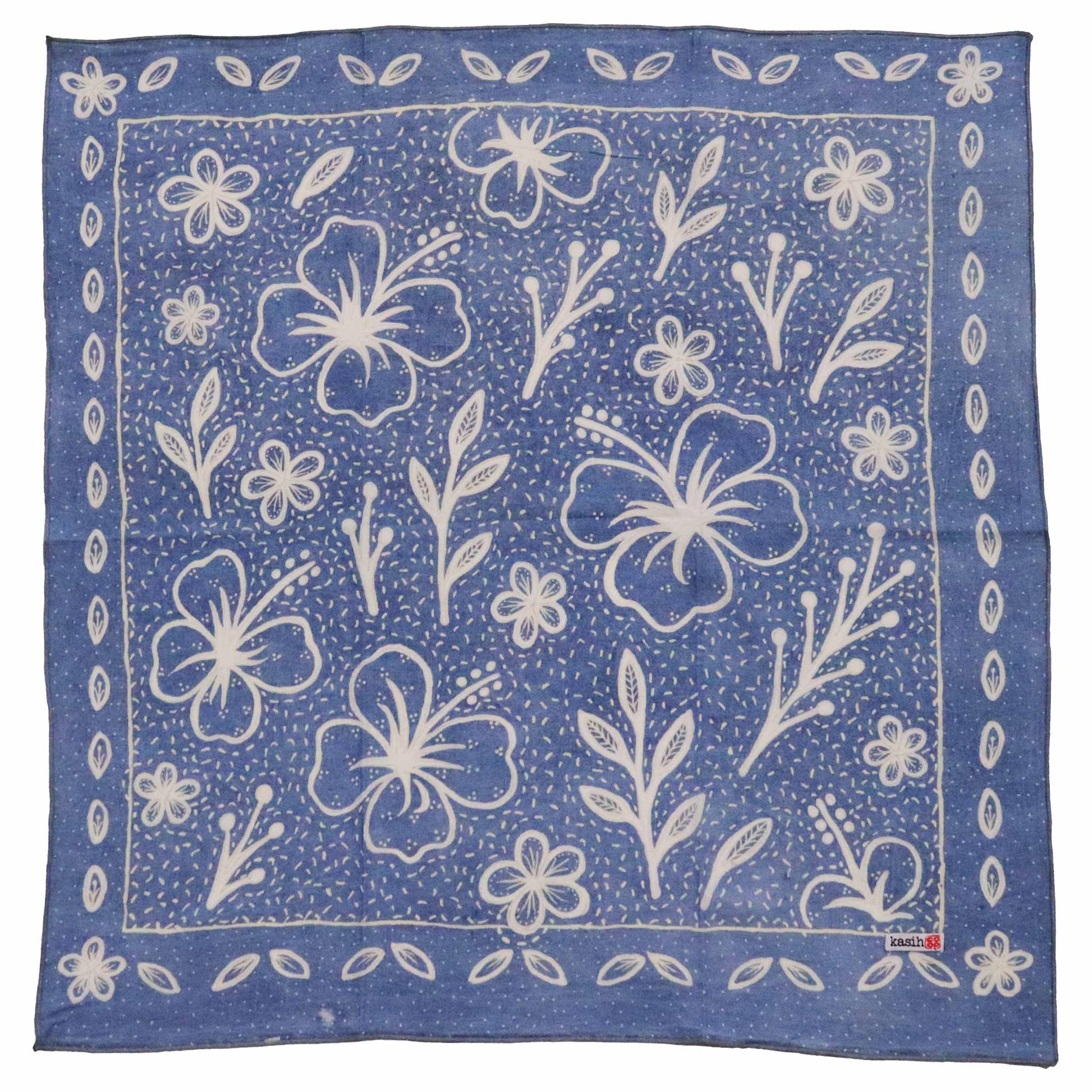 Fully Hand Drawn Painted, Indigo Natural Dye Batik Bandana, Hibiscus Indigo, Blue, Batik Tulis