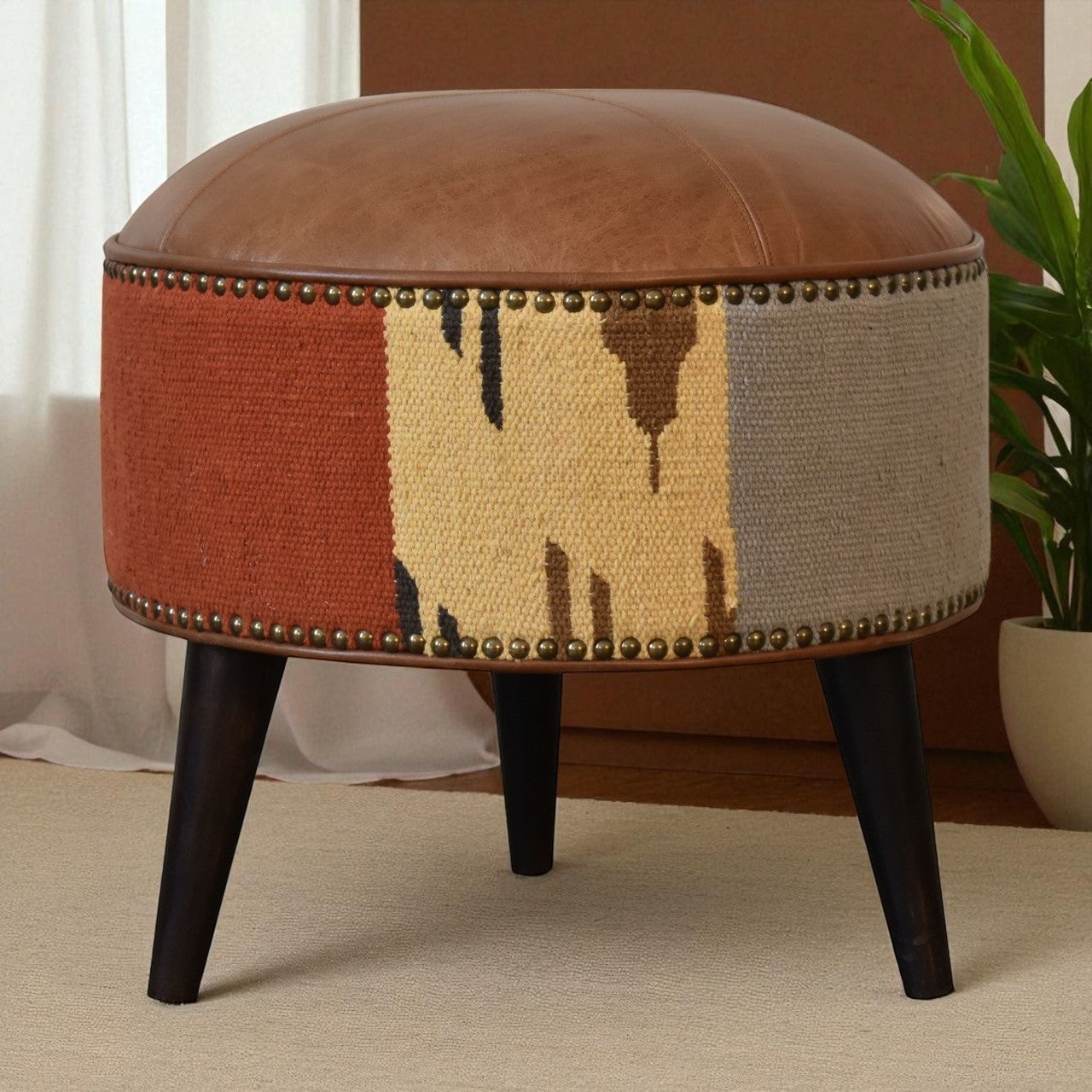 Solid Wood Durrie & Leather Mixed Footstool