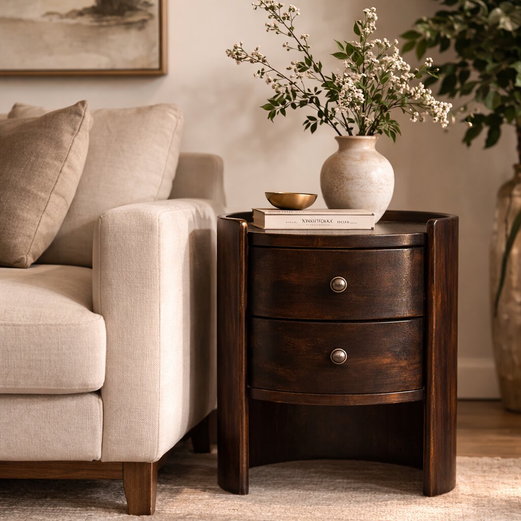 Solid Wood Velvet Mocha Round Side Table