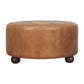Brown Buffalo Hide Leather Upholstered Round Ottoman