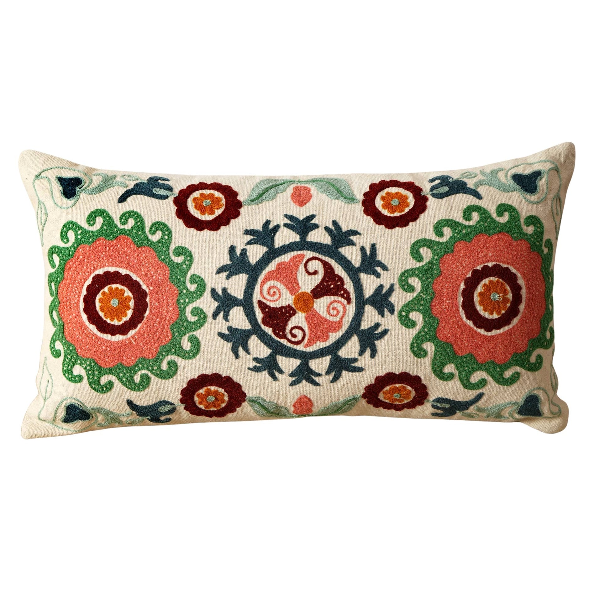 Suzani Embroidered Multicolor Lumbar Throw Pillow - 26" X 14"
