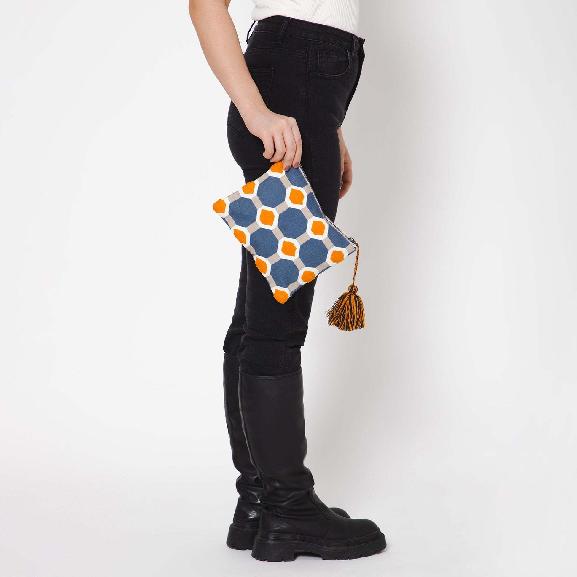 Octagon Embroidered Travel Pouch - Blue Ivory